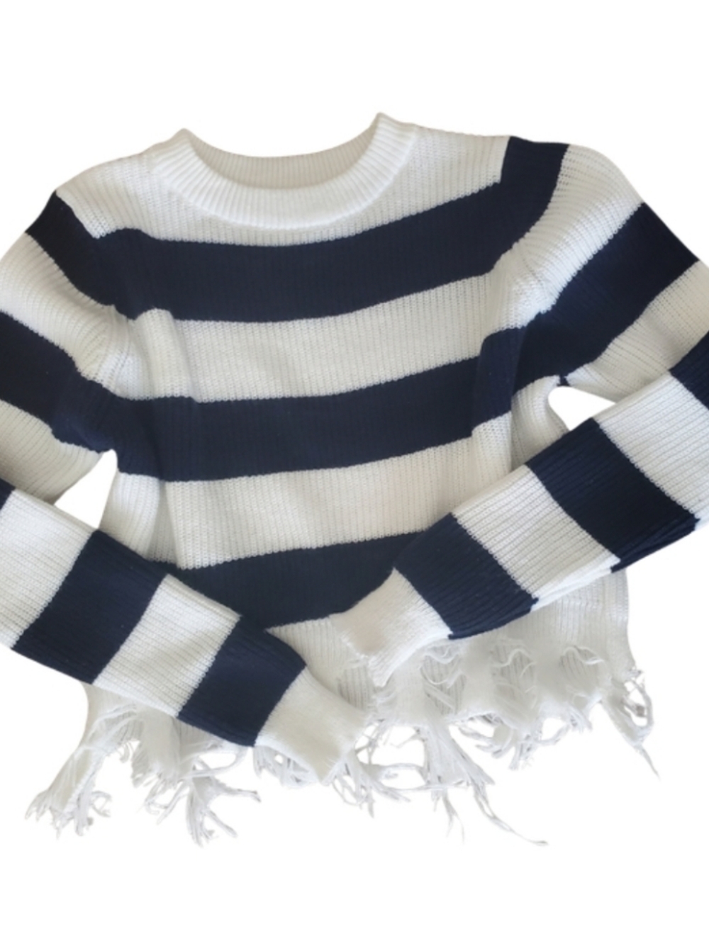 Striped Navy and White Fringe Sweater_ Size M